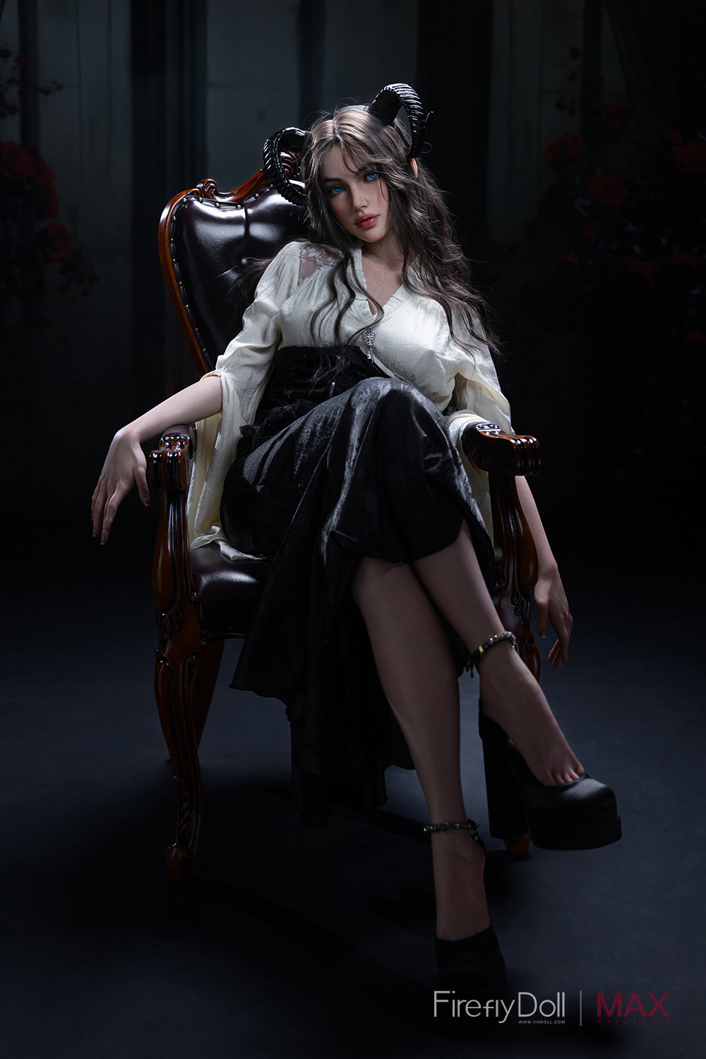 Full-body view of Firefly Diary Doll 165 cm Max Series Silicone – Mary V4 seated on a chair, wearing white blouse, showcasing her realistic body shape and detailed facial expression.