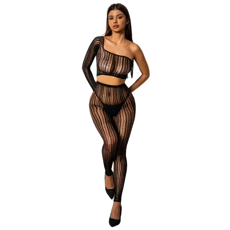 Bodystocking - 2 Pcs Black One Shoulder Strapes Fishnet Lingerie - Frisky Business Adult Sex Toys Shop