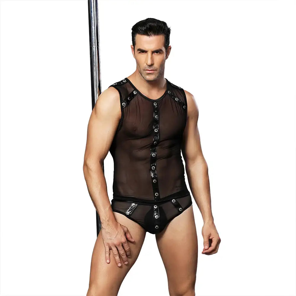 Gentsuit - 2 Pcs Black Mesh Semi-Transparent Male Fancy Costume with Boxer - Frisky Business Adult Sex Toys Shop