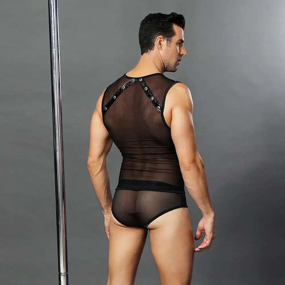 Gentsuit - 2 Pcs Black Mesh Semi-Transparent Male Fancy Costume with Boxer - Frisky Business Adult Sex Toys Shop
