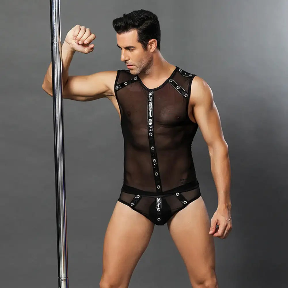 Gentsuit - 2 Pcs Black Mesh Semi-Transparent Male Fancy Costume with Boxer - Frisky Business Adult Sex Toys Shop