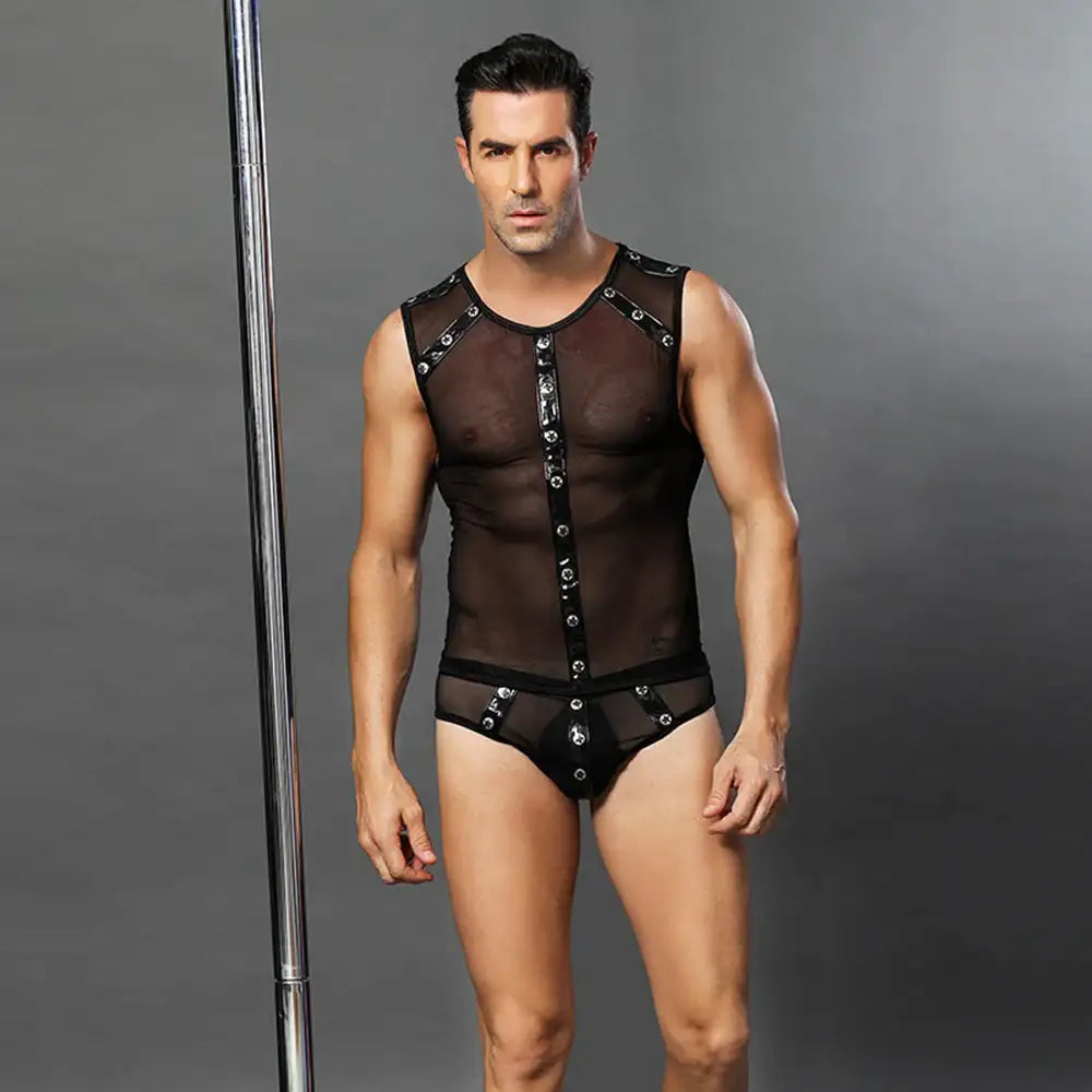 Gentsuit - 2 Pcs Black Mesh Semi-Transparent Male Fancy Costume with Boxer - Frisky Business Adult Sex Toys Shop
