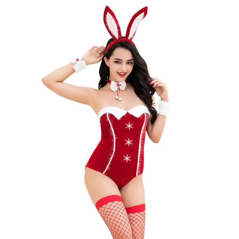 Bodysuit - 5 Pcs Lady Christmas Bunny Sexy Costume with Fishnet Stockings and Headwear - Frisky Business Adult Sex Toys Shop