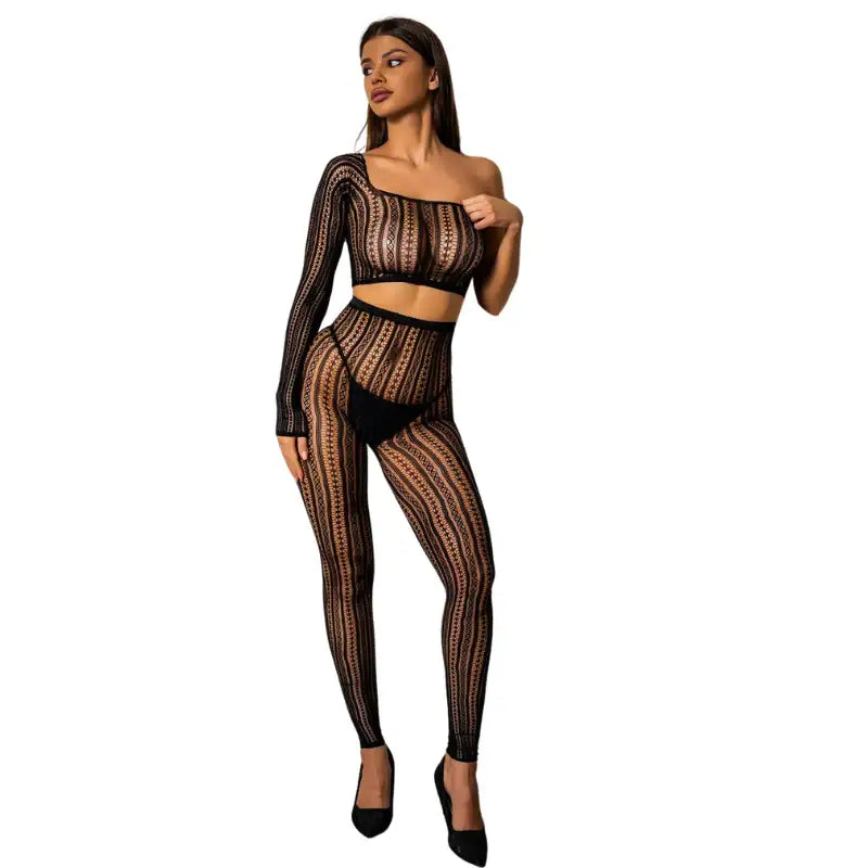 Bodystocking - 2 Pcs Black One Shoulder Strapes Fishnet Lingerie - Frisky Business Adult Sex Toys Shop