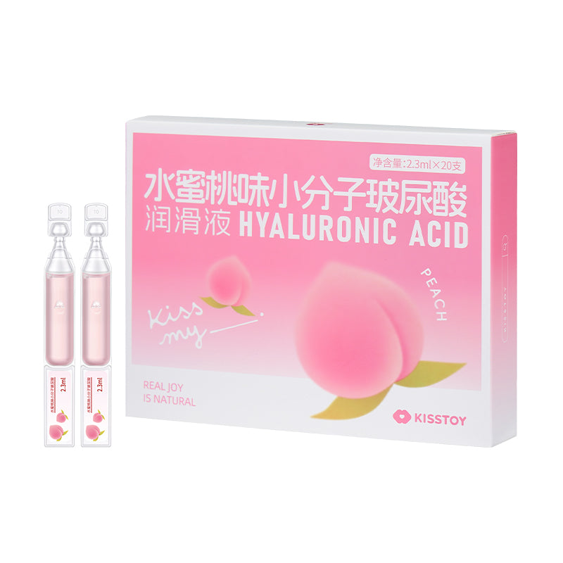 Pink peach-flavour Kisstoy hyaluronic acid lube box with pink vials on a white background