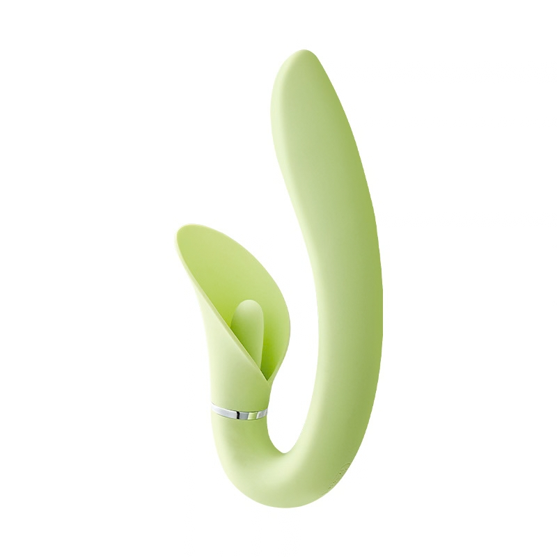Slim green leaf-shaped vibrating wand with a curved tip, shown from the side on white