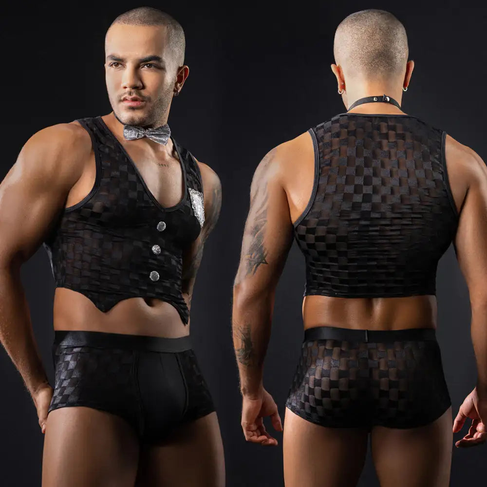 Gentsuit - 3 Pcs Checker Designed Male Waiter Costume with Boxer and Sexy Neck Collar - Frisky Business Adult Sex Toys Shop