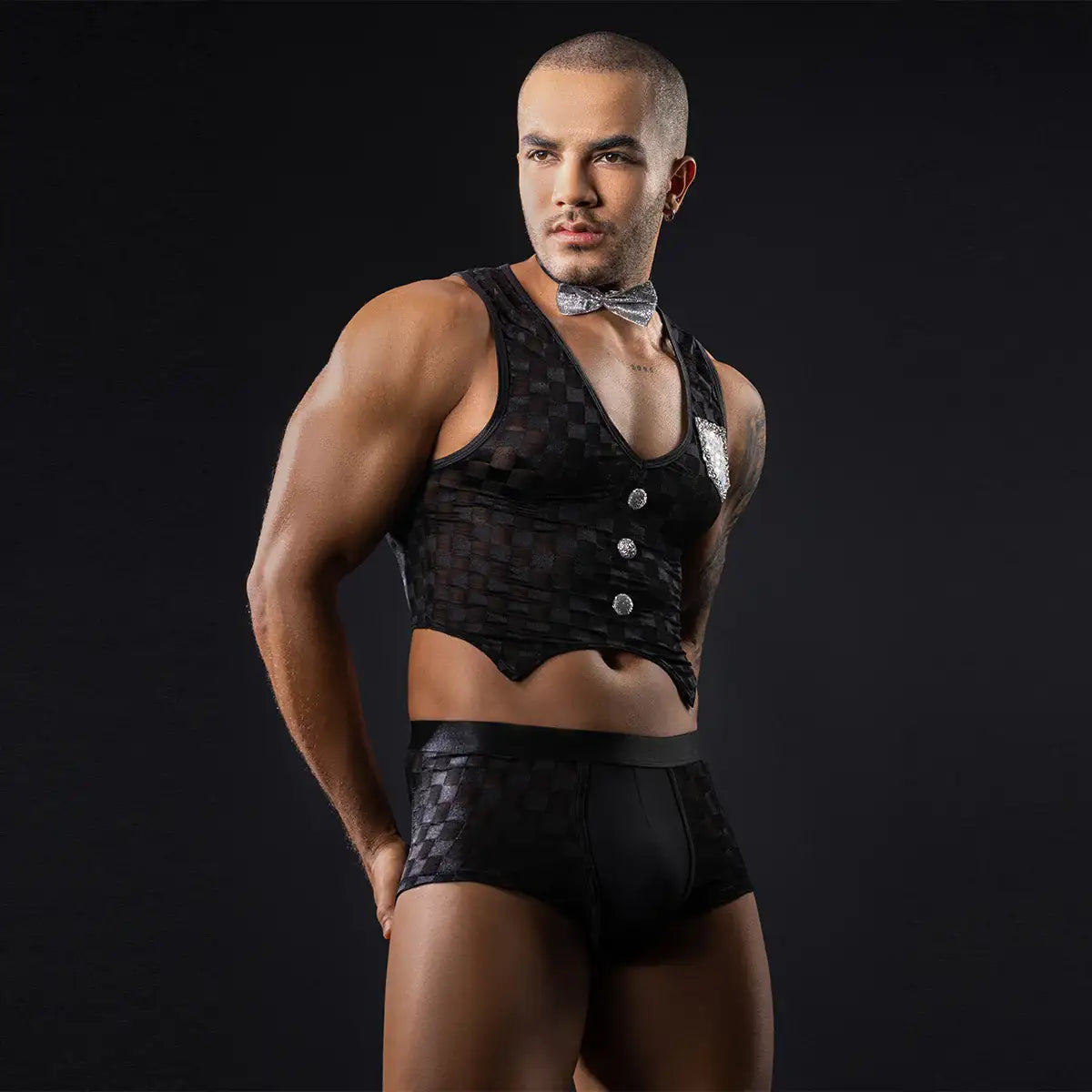 Gentsuit - 3 Pcs Checker Designed Male Waiter Costume with Boxer and Sexy Neck Collar - Frisky Business Adult Sex Toys Shop