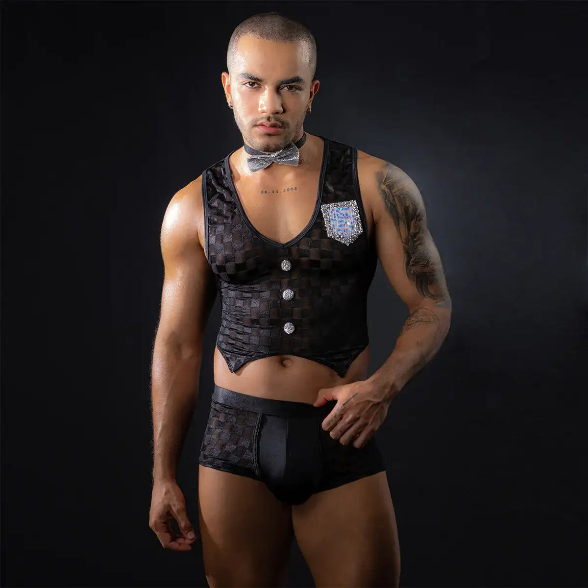 Gentsuit - 3 Pcs Checker Designed Male Waiter Costume with Boxer and Sexy Neck Collar - Frisky Business Adult Sex Toys Shop