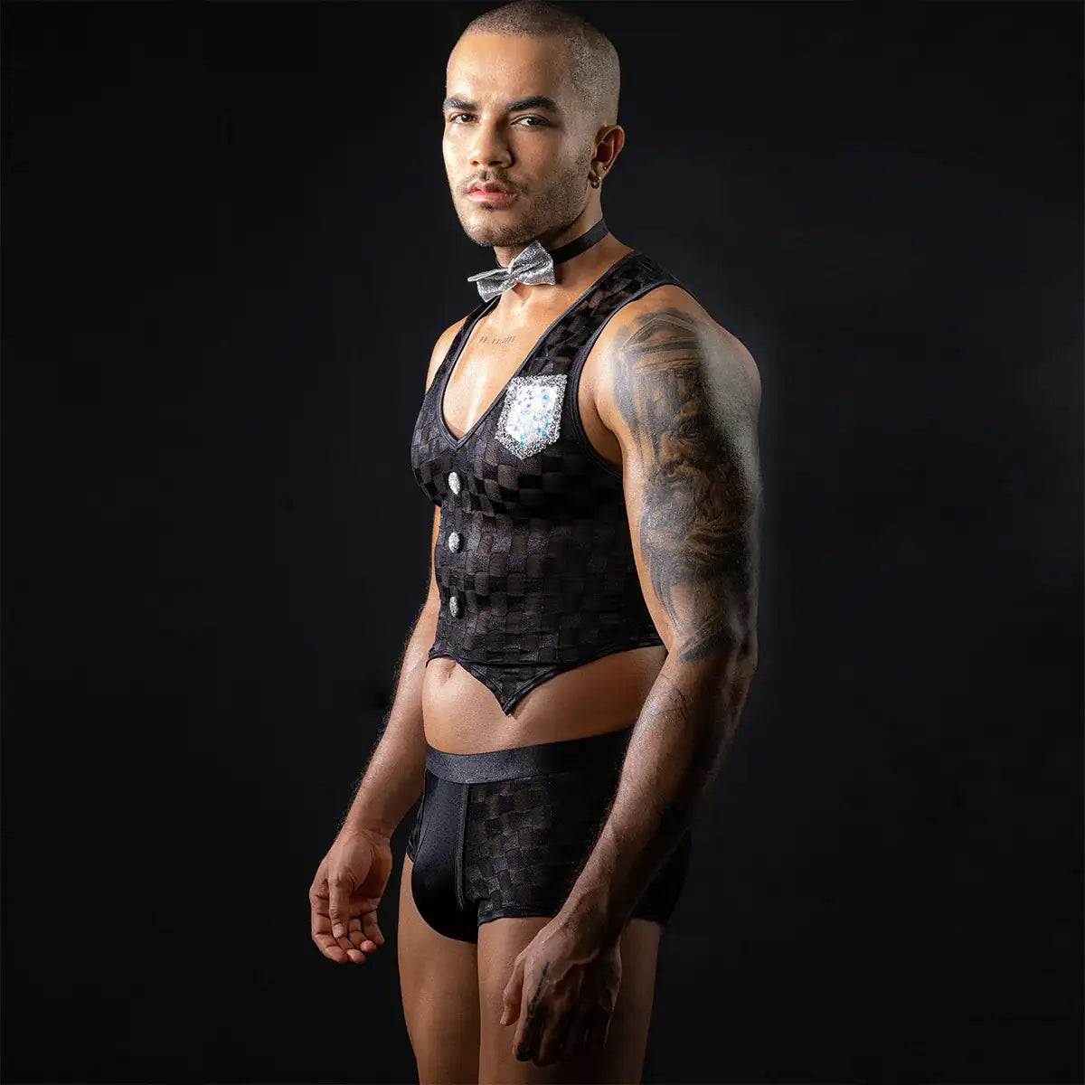 Gentsuit - 3 Pcs Checker Designed Male Waiter Costume with Boxer and Sexy Neck Collar - Frisky Business Adult Sex Toys Shop
