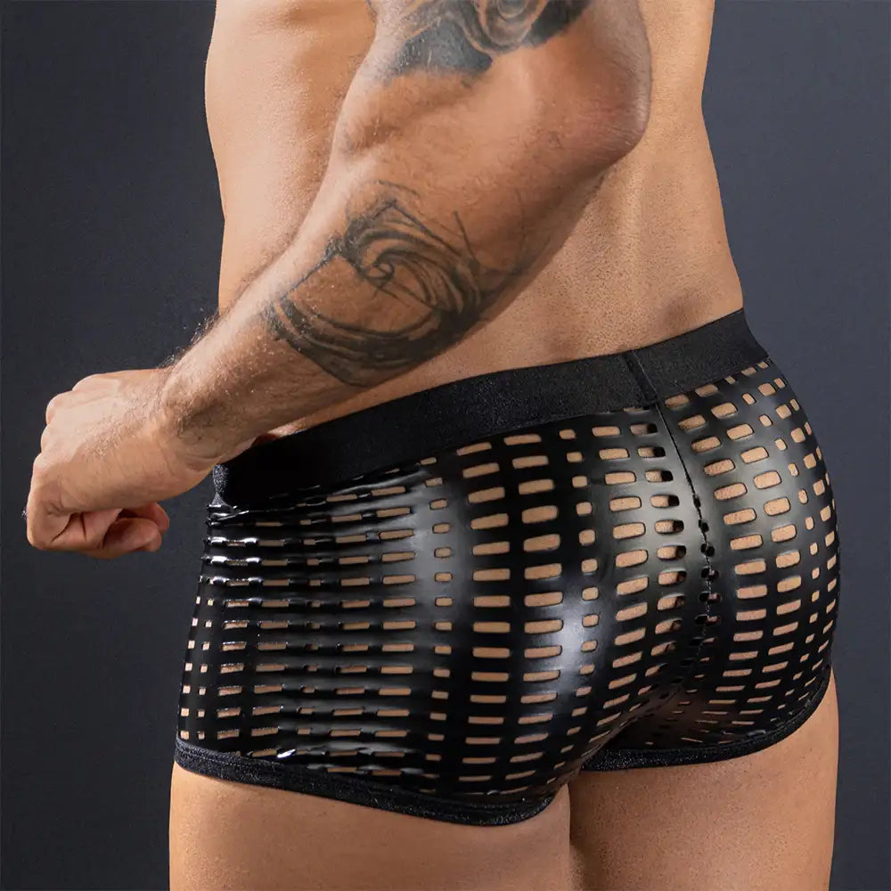 Skivvies - Black PU Leather Hollow Boxer Male Underwear - Frisky Business Adult Sex Toys Shop
