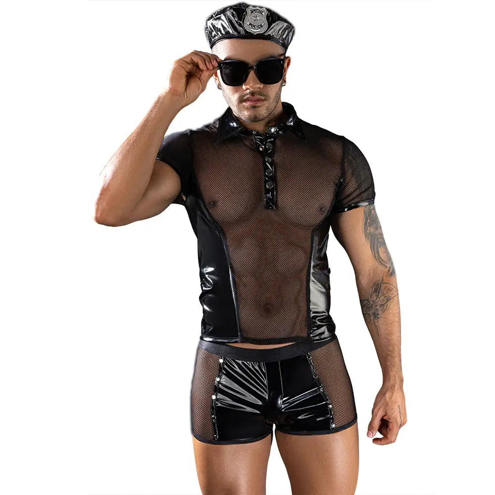 Gentsuit - 4 Pcs Semi Transparent Collar Tee and Sexy Black Skivvies with Cops Hat - Frisky Business Adult Sex Toys Shop