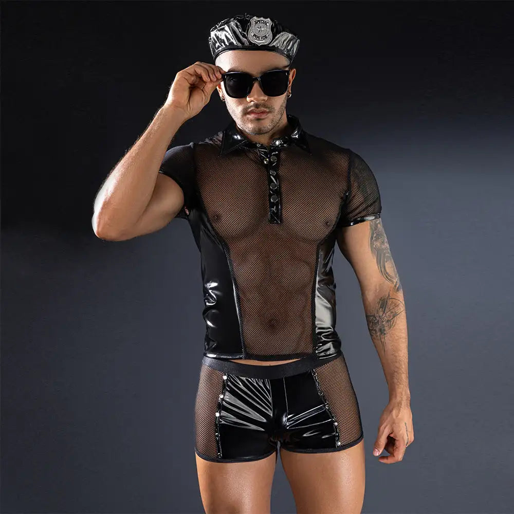 Gentsuit - 4 Pcs Semi Transparent Collar Tee and Sexy Black Skivvies with Cops Hat - Frisky Business Adult Sex Toys Shop