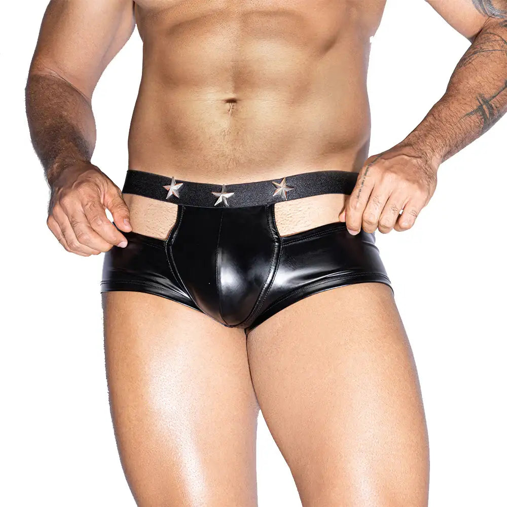 Skivvies - Black PU Leather Male Hollow Sexy Underwear - Frisky Business Adult Sex Toys Shop