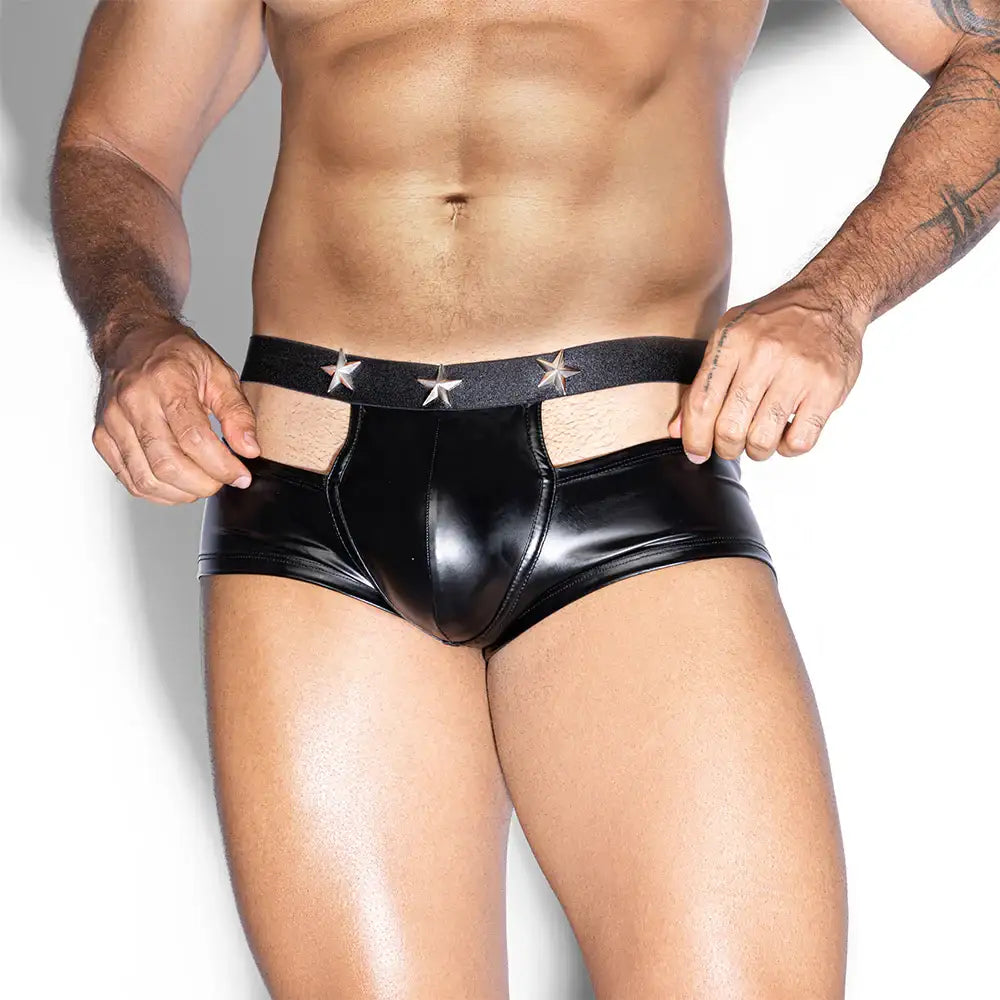 Skivvies - Black PU Leather Male Hollow Sexy Underwear - Frisky Business Adult Sex Toys Shop