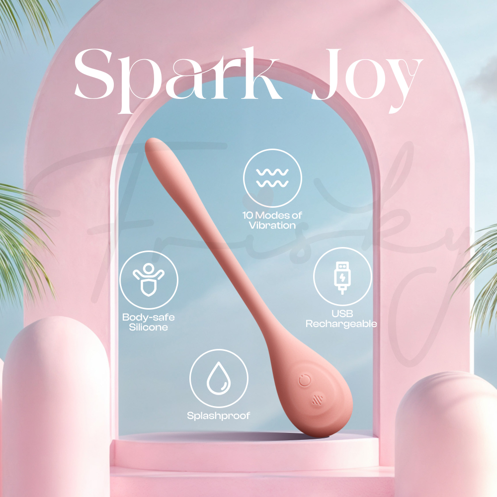 Spark Joy vibrator packaging with product display and soft pastel background