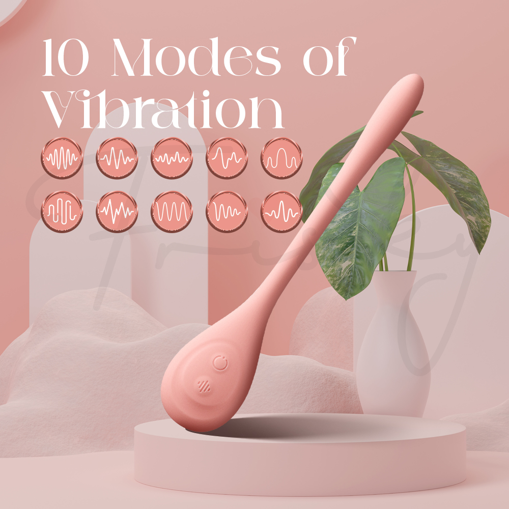 Illustration showing ten vibration modes with sleek pink curved vibrator