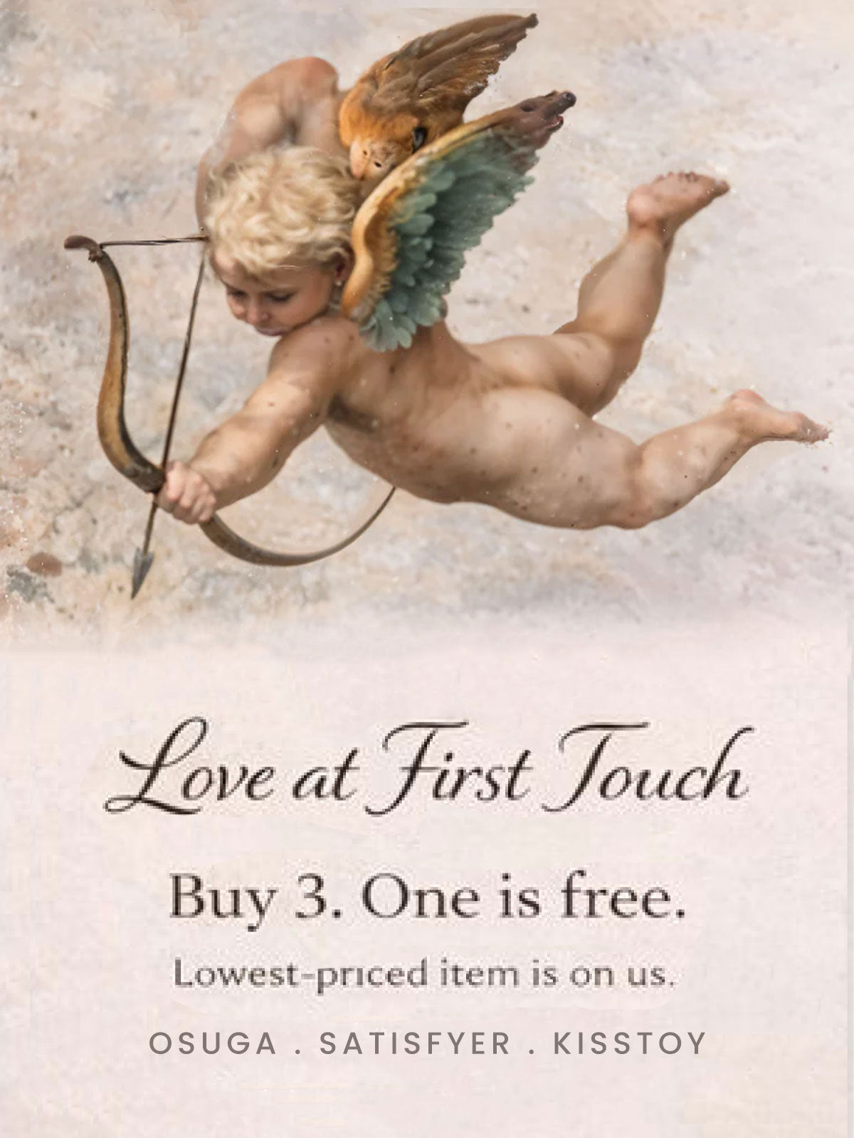 Illustration of a winged figure with a bow and arrow, accompanied by promotional text.