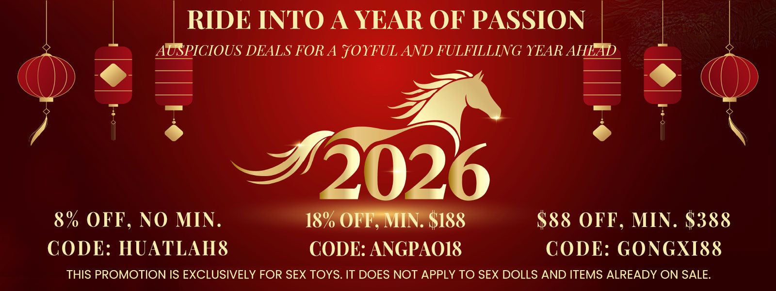 Promotional banner for 2026 with horse design, red lanterns, and discount information on a red background.