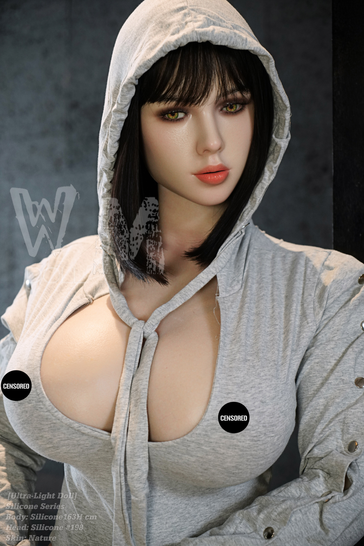 A medium shot of WM DOLL 163 CM H-cup Ultra Light SILICONE - #198 V2 highlighting the realistic skin texture and golden-blonde hair, styled in a white fur ensemble.