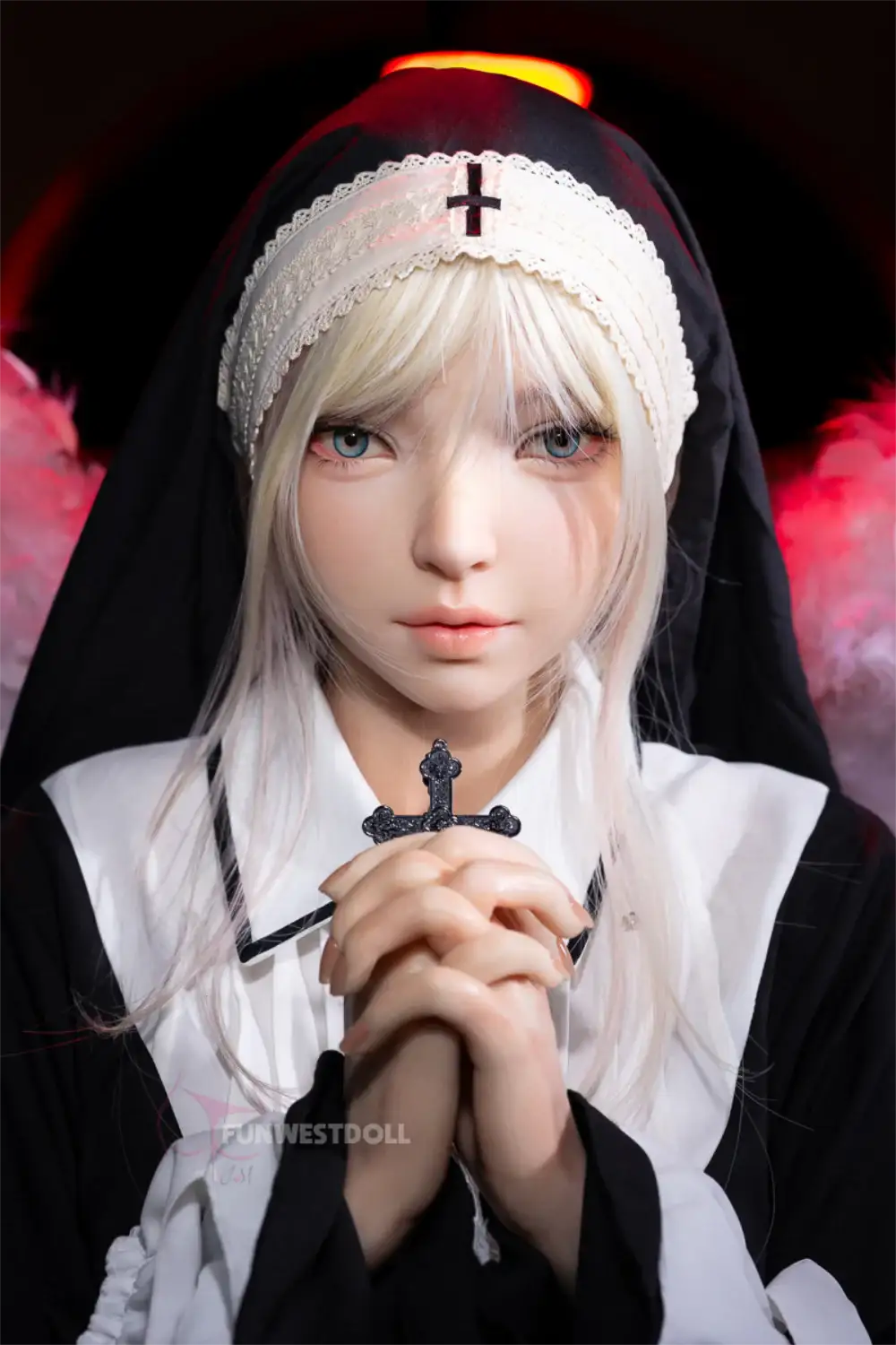 FunWest Doll 159 cm A Silicone – Giselle dressed in a black and white nun-style outfit, hands clasped in prayer, detailed lifelike facial features.