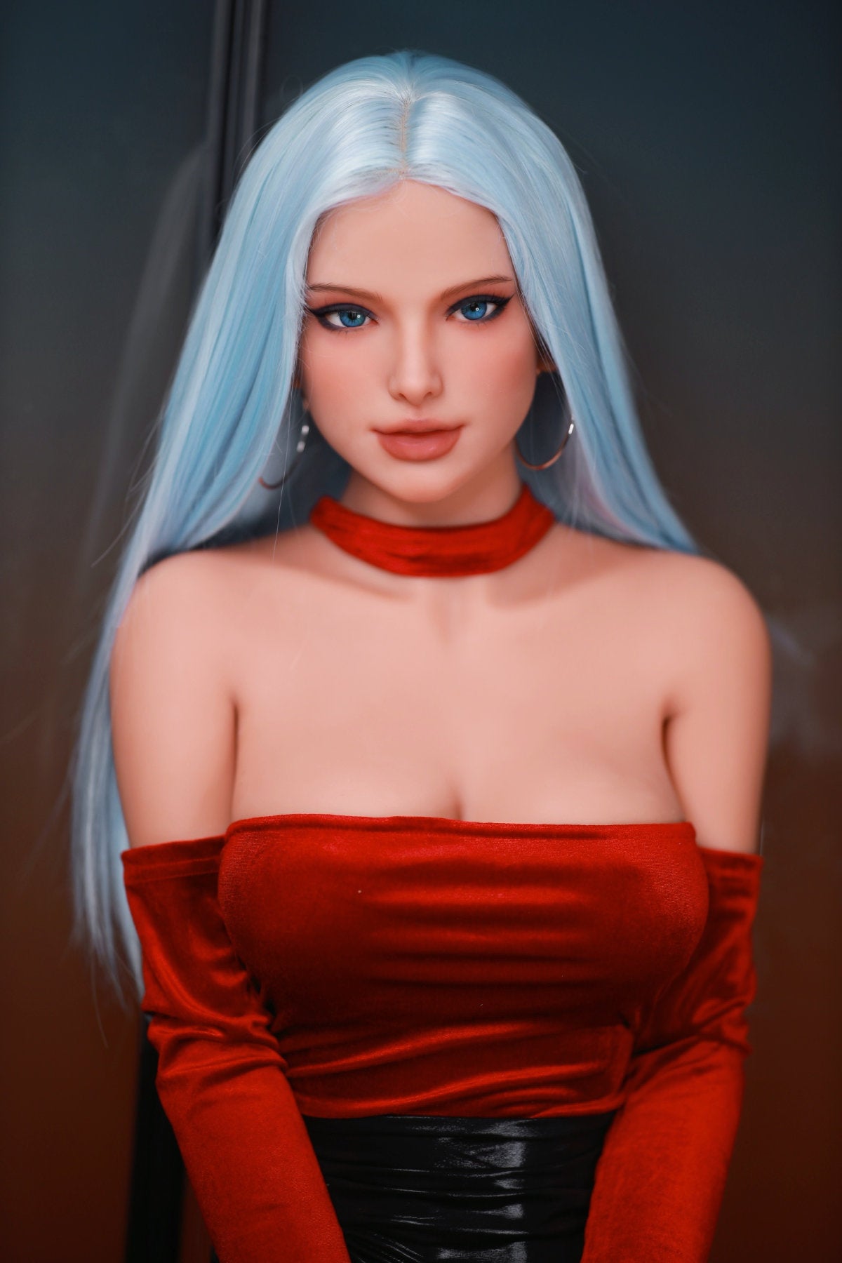 Fire Doll 166 cm C TPE - Miki close-up upper body shot in red off-shoulder top with red choker, long silver-blue hair, dark background