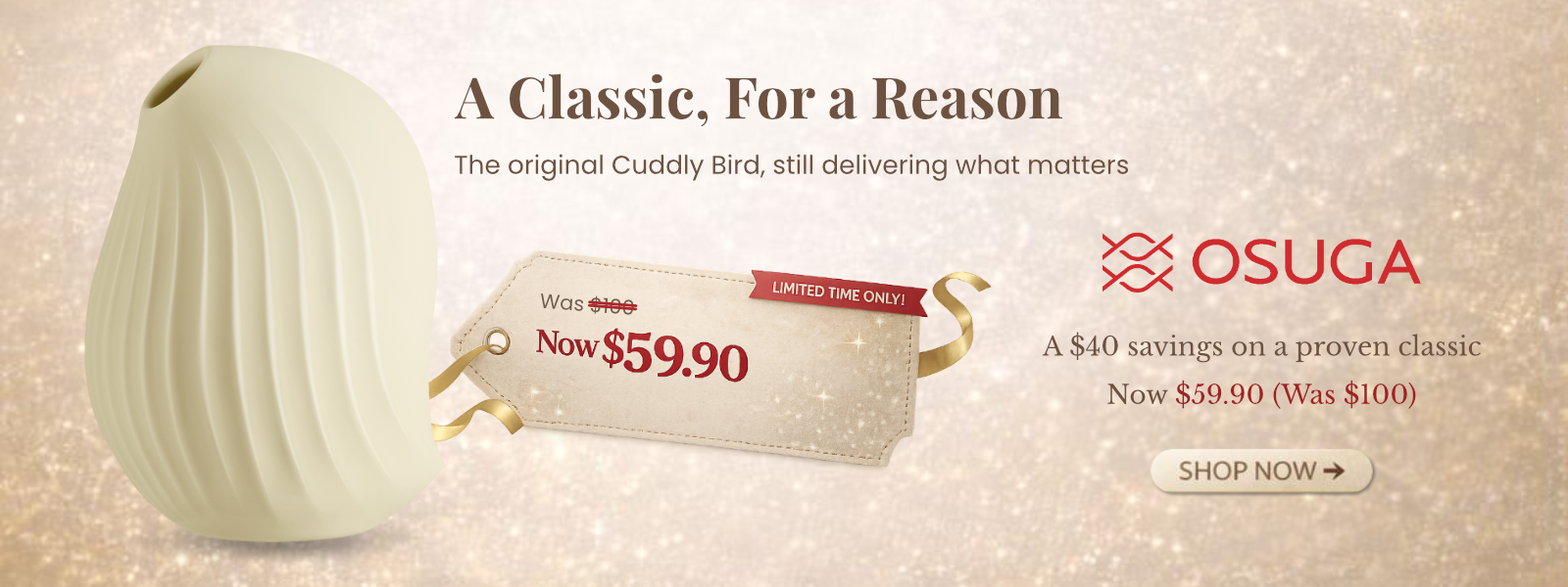 Promotional banner for OSUGA Cuddly Bird product with price tag and discount information.