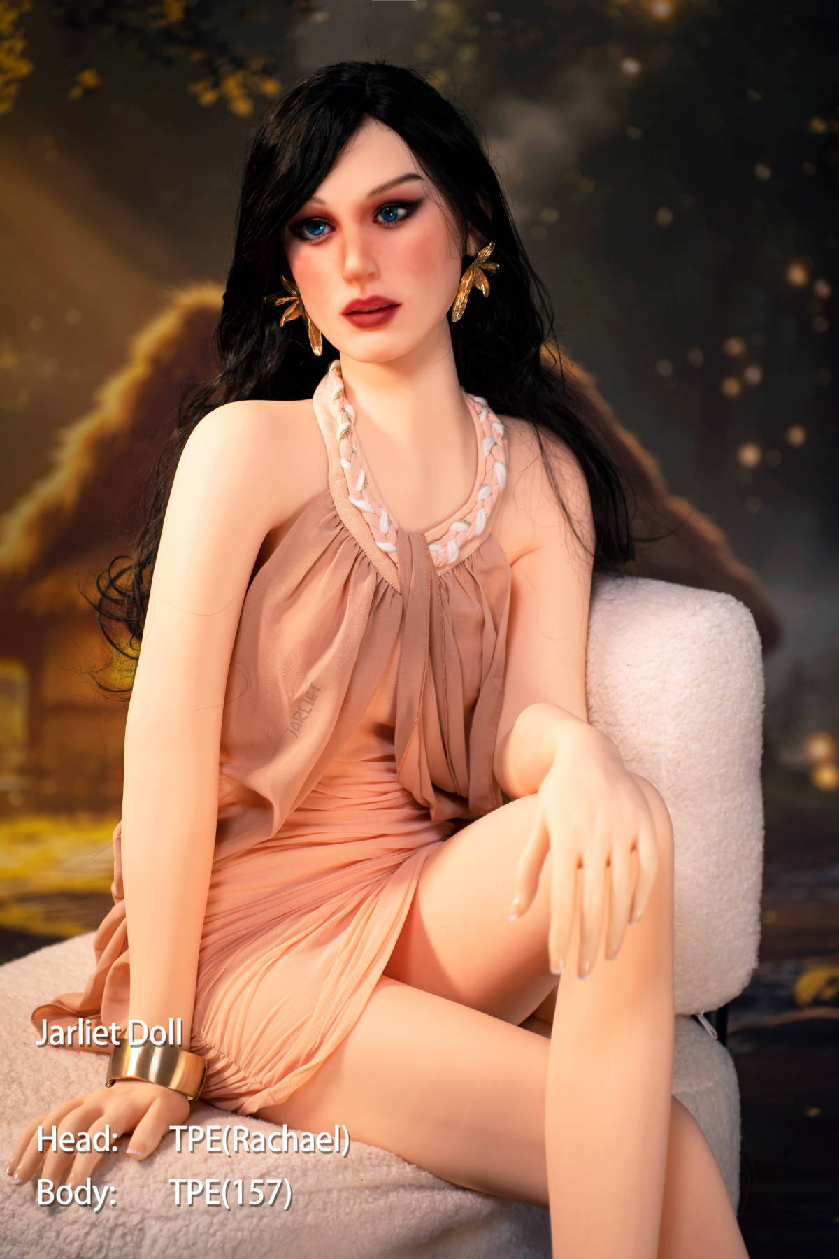 Jarliet Doll 157 cm B TPE - Rachael seated pose on a white chair, peach satin dress, golden backdrop