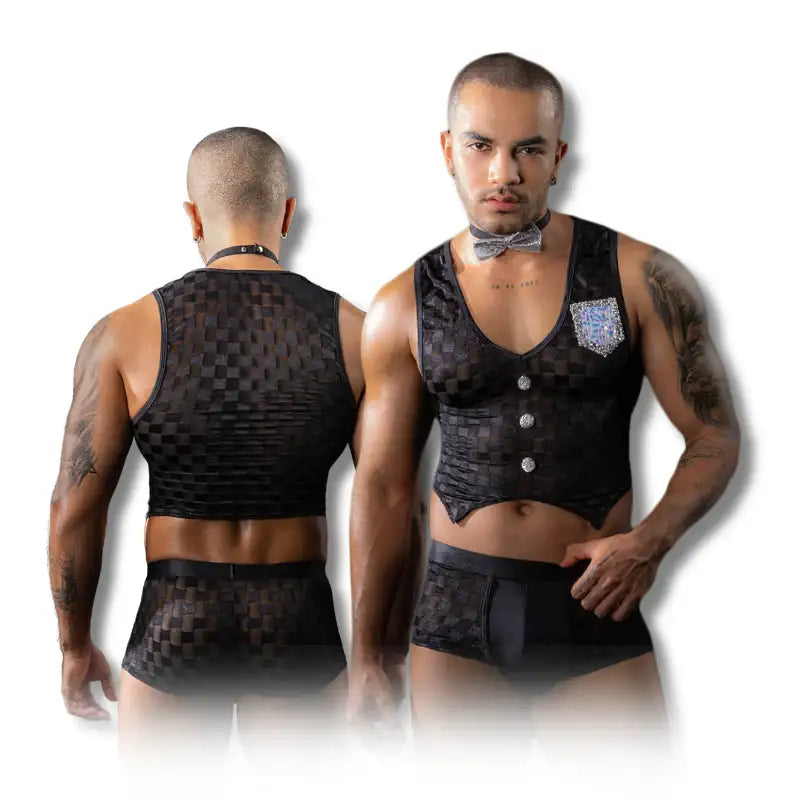 Gentsuit - 3 Pcs Checker Designed Male Waiter Costume with Boxer and Sexy Neck Collar - Frisky Business Adult Sex Toys Shop