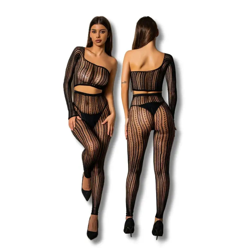 Bodystocking - 2 Pcs Black One Shoulder Strapes Fishnet Lingerie - Frisky Business Adult Sex Toys Shop