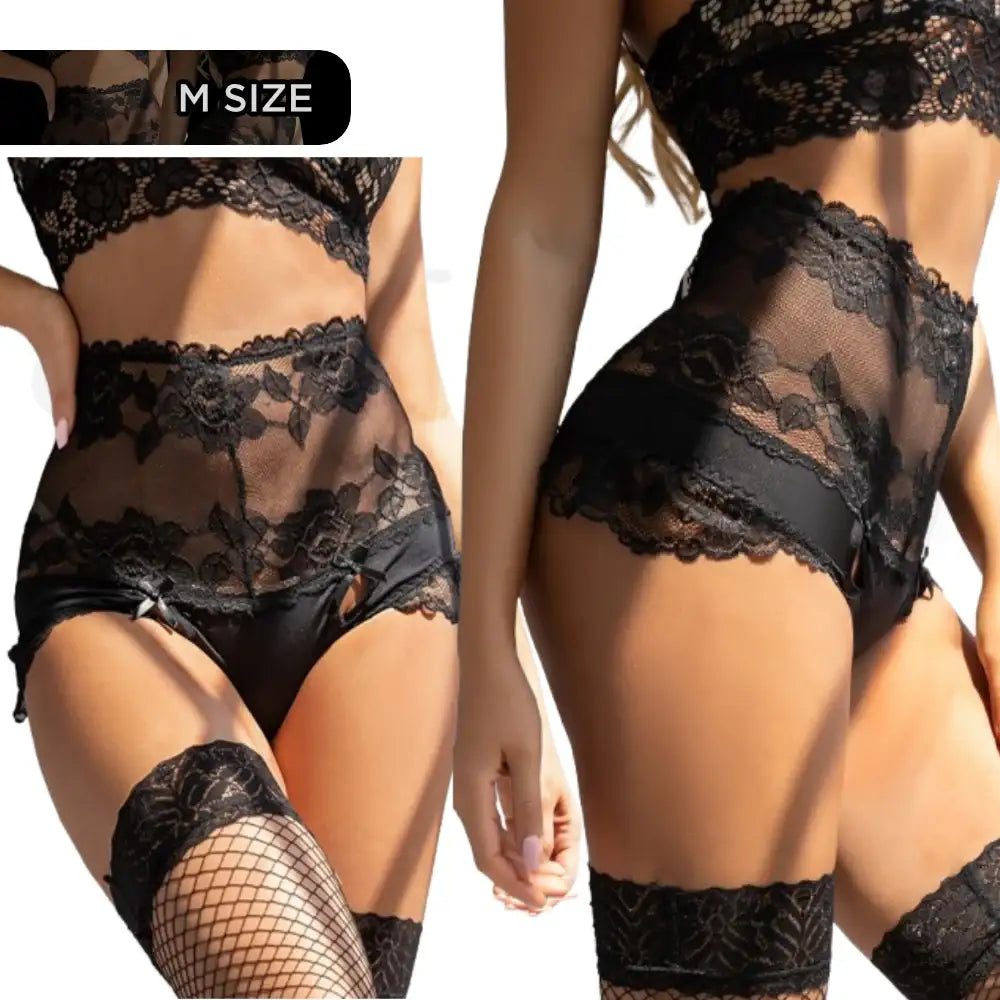 Panties - Black High Waist Strappy Floral Lace Underwear - Frisky Business Adult Sex Toys Shop