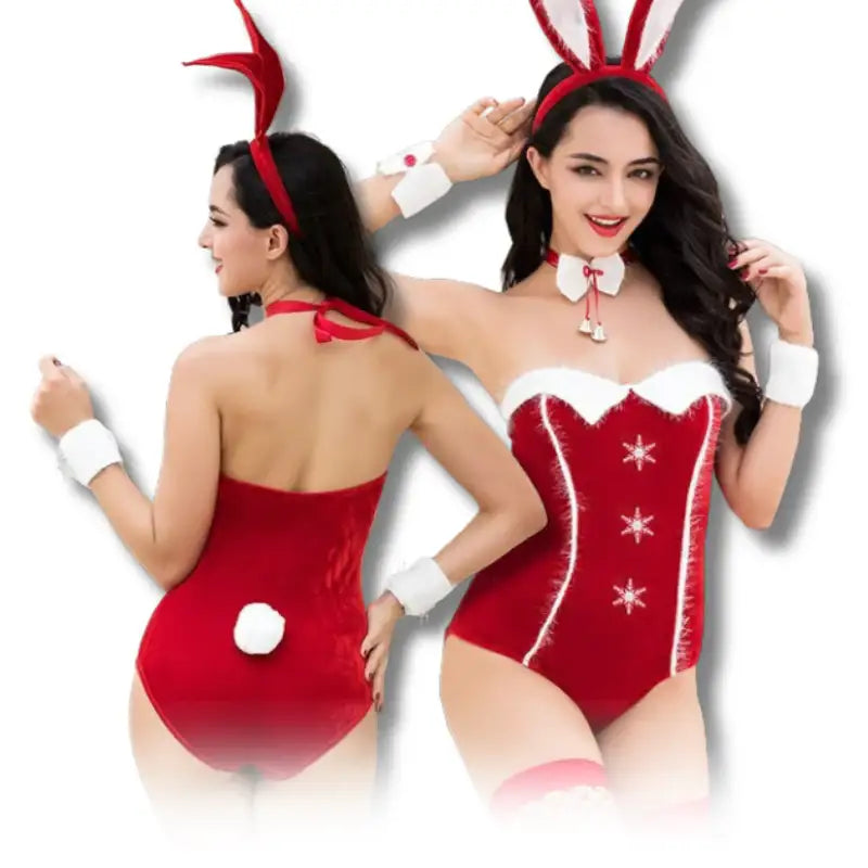 Bodysuit - 5 Pcs Lady Christmas Bunny Sexy Costume with Fishnet Stockings and Headwear - Frisky Business Adult Sex Toys Shop