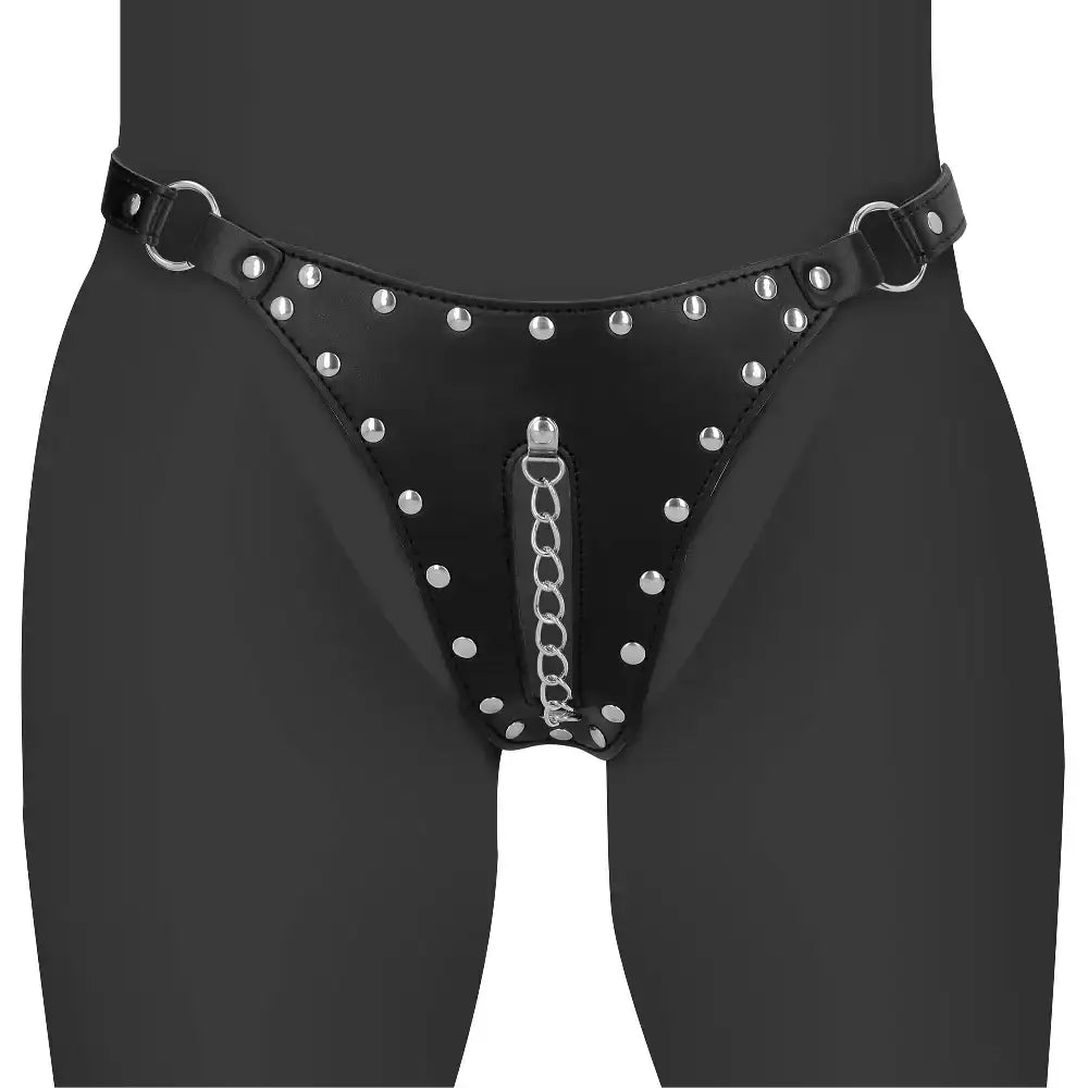 SHOTS Ouch! PU Leather Chastity Thong with Chain Detail sleek black thong with metal chain accent for stylish adult accessory Singapore