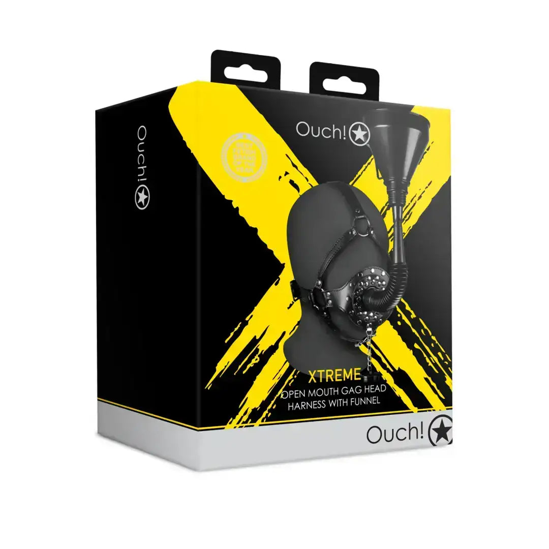 SHOTS Ouch! Open Mouth Gag Head Harness with Funnel Black sleek black finish enhances visual appeal during creative adult roleplay Singapore
