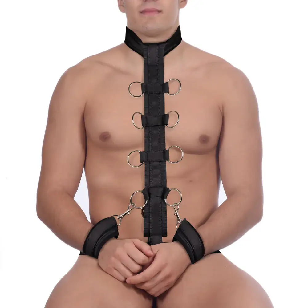 SHOTS Ouch! Restraint Harness with Collar and Hand Cuffs Black portable design for discreet storage, travel, and convenient use Singapore