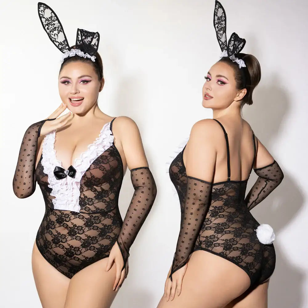 PLUS SIZE Teddy - 3 Pcs Seductive Bunny Girl Deep V Adjustable Strap Lace Costume with Long Ears Headwear and Mesh Gloves - Frisky Business Adult Sex Toys Shop