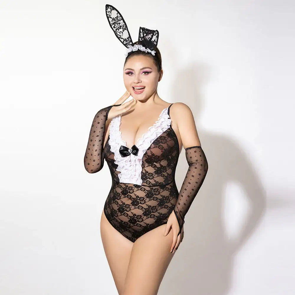 PLUS SIZE Teddy - 3 Pcs Seductive Bunny Girl Deep V Adjustable Strap Lace Costume with Long Ears Headwear and Mesh Gloves - Frisky Business Adult Sex Toys Shop