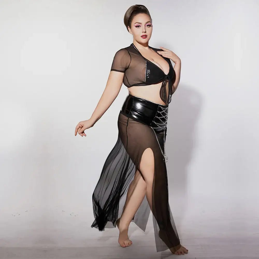PLUS SIZE Babydoll - 3 Pcs Black See-Through Lingerie with Tie Front Top and High Waist Chain Slit Skirt - Frisky Business Adult Sex Toys Shop