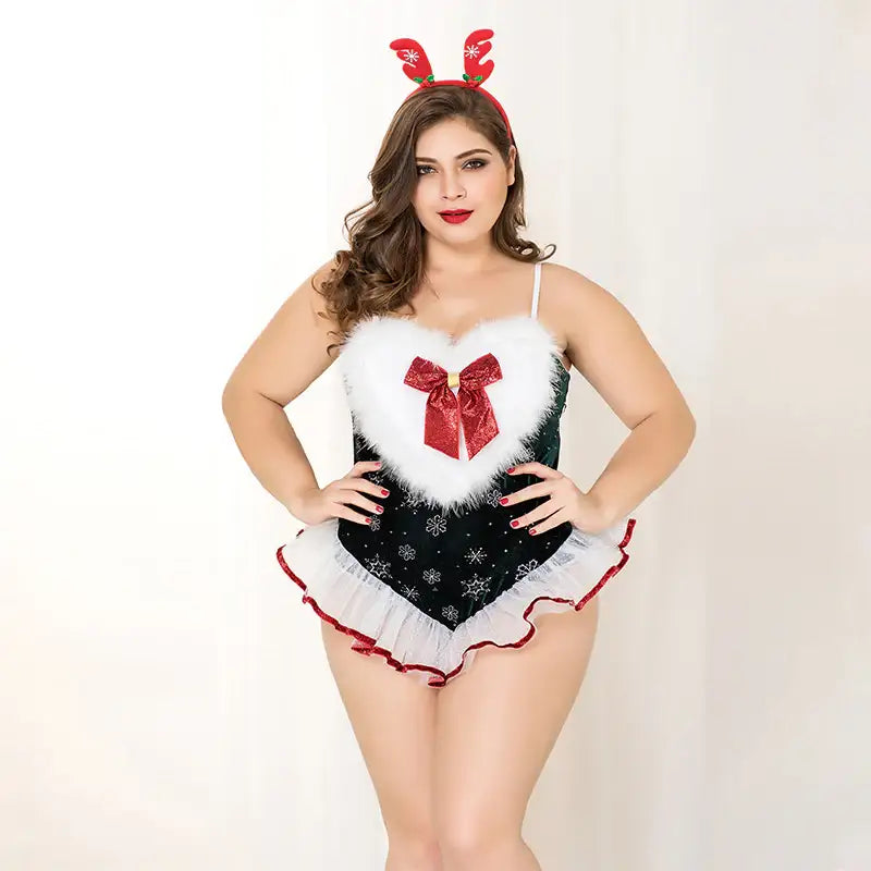 PLUS SIZE Roleplay Set - 2 Pcs Green Christmas Costume with Frilly Hem Bodysuit and Antler Headband - Frisky Business Adult Sex Toys Shop