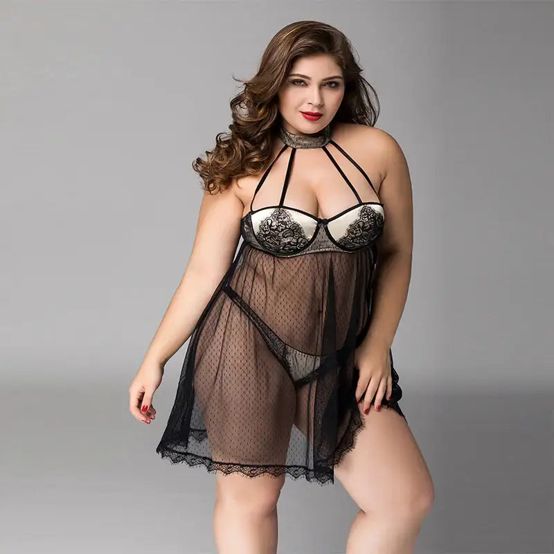 PLUS SIZE Babydoll - 2 Pcs Sheer Mesh Black Women's Lingerie with Lace Bra Detail and Thong Set - Frisky Business Adult Sex Toys Shop