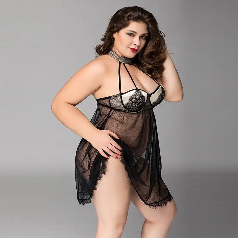 PLUS SIZE Babydoll - 2 Pcs Sheer Mesh Black Women's Lingerie with Lace Bra Detail and Thong Set - Frisky Business Adult Sex Toys Shop