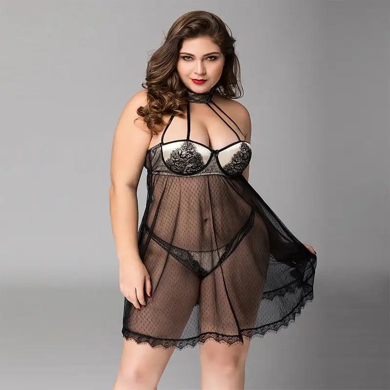 PLUS SIZE Babydoll - 2 Pcs Sheer Mesh Black Women's Lingerie with Lace Bra Detail and Thong Set - Frisky Business Adult Sex Toys Shop