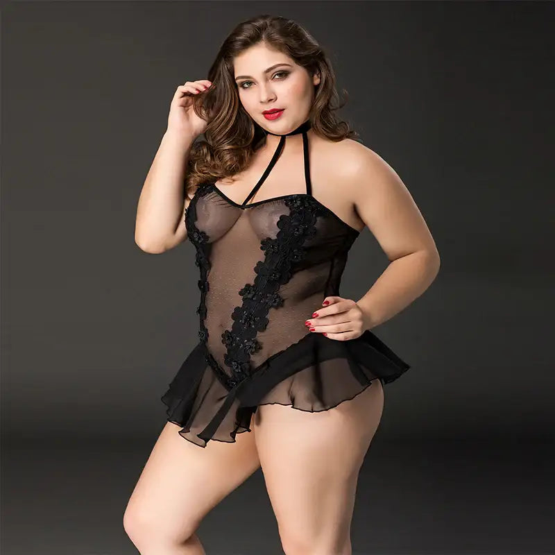 PLUS SIZE Teddy - 1 Piece Seductive Mesh Semi Transparent Floral Bodysuit - Frisky Business Adult Sex Toys Shop