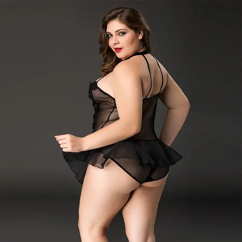 PLUS SIZE Teddy - 1 Piece Seductive Mesh Semi Transparent Floral Bodysuit - Frisky Business Adult Sex Toys Shop