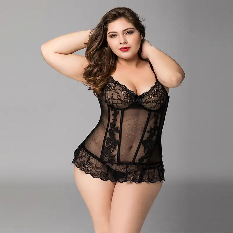 PLUS SIZE Bodystocking - 2 Pcs Sheer Mesh Black Corset Lady Lingerie with Lace Detail and Thong Set - Frisky Business Adult Sex Toys Shop