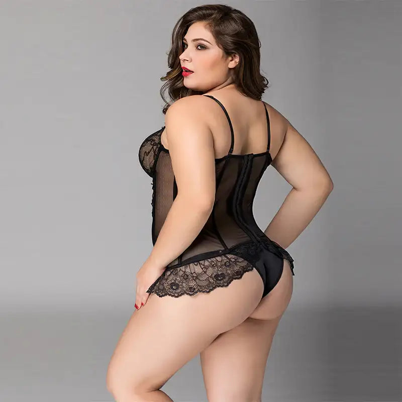 PLUS SIZE Bodystocking - 2 Pcs Sheer Mesh Black Corset Lady Lingerie with Lace Detail and Thong Set - Frisky Business Adult Sex Toys Shop
