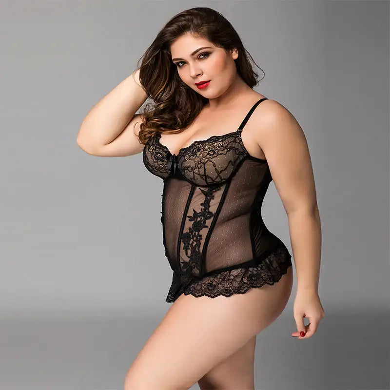 PLUS SIZE Bodystocking - 2 Pcs Sheer Mesh Black Corset Lady Lingerie with Lace Detail and Thong Set - Frisky Business Adult Sex Toys Shop