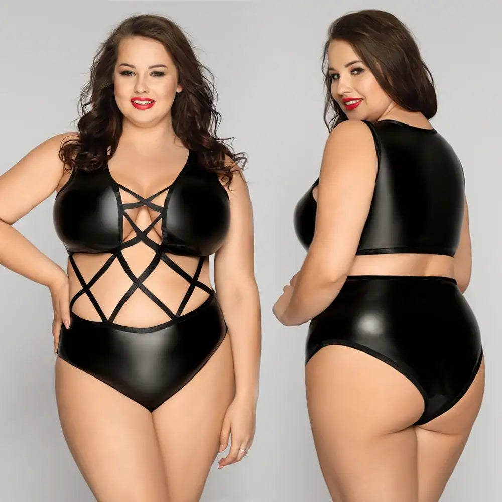 PLUS SIZE Bodysuit - 1 Pc Black Faux Leather Women's Lingerie with Crisscross Detailing Strappy Front and Sleeveless Cut - Frisky Business Adult Sex Toys Shop