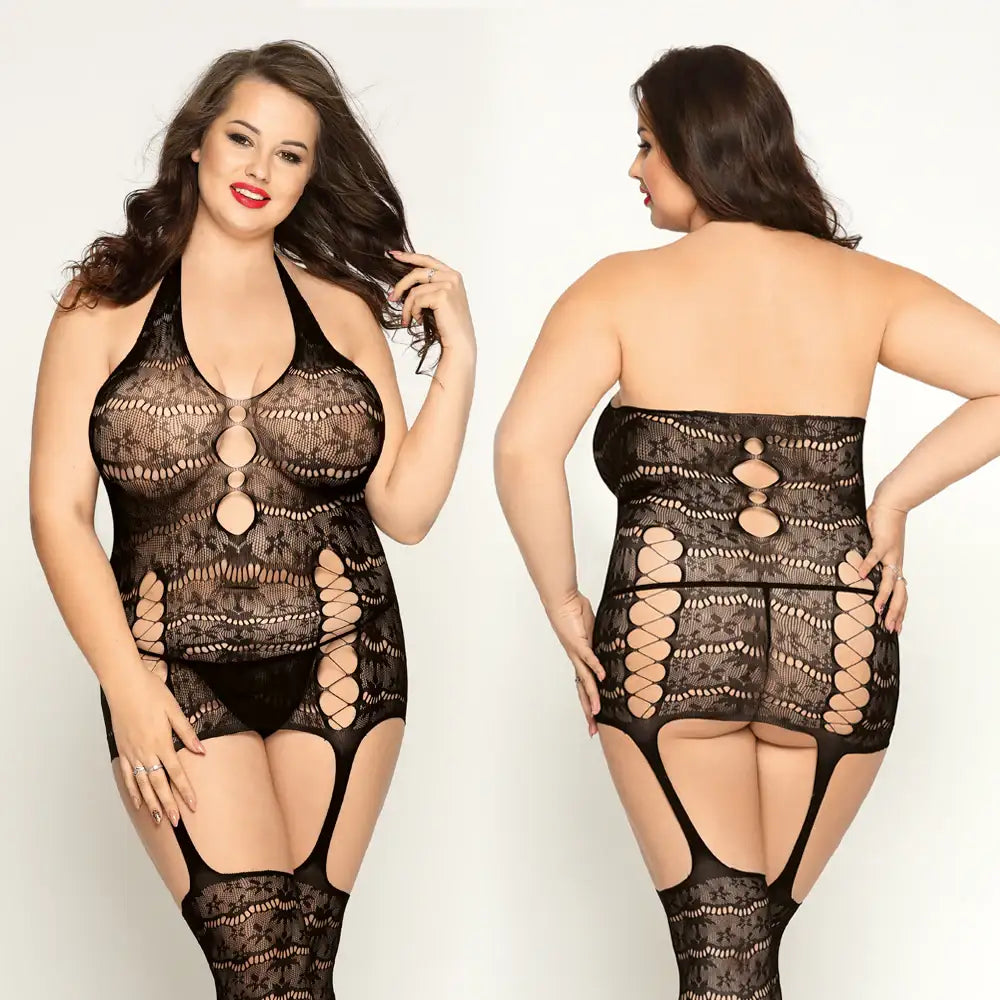 PLUS SIZE Bodystocking - 1 Piece Hollow Black Nylon Fishnet Bodystocking - Frisky Business Adult Sex Toys Shop