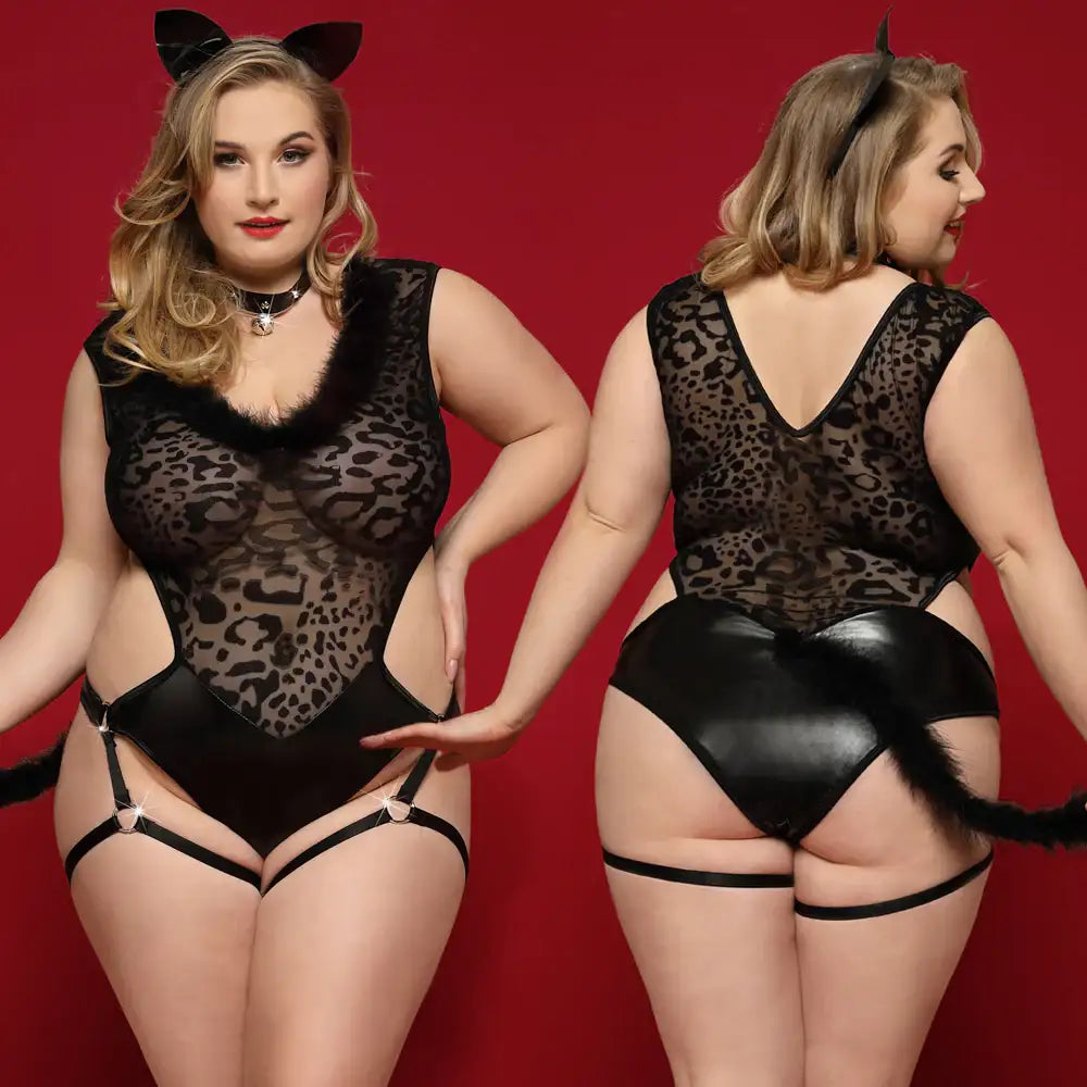 PLUS SIZE Roleplay Set - 3 Pcs Sheer Black Leopard Bodysuit with Cat Ears and Collar - Frisky Business Adult Sex Toys Shop